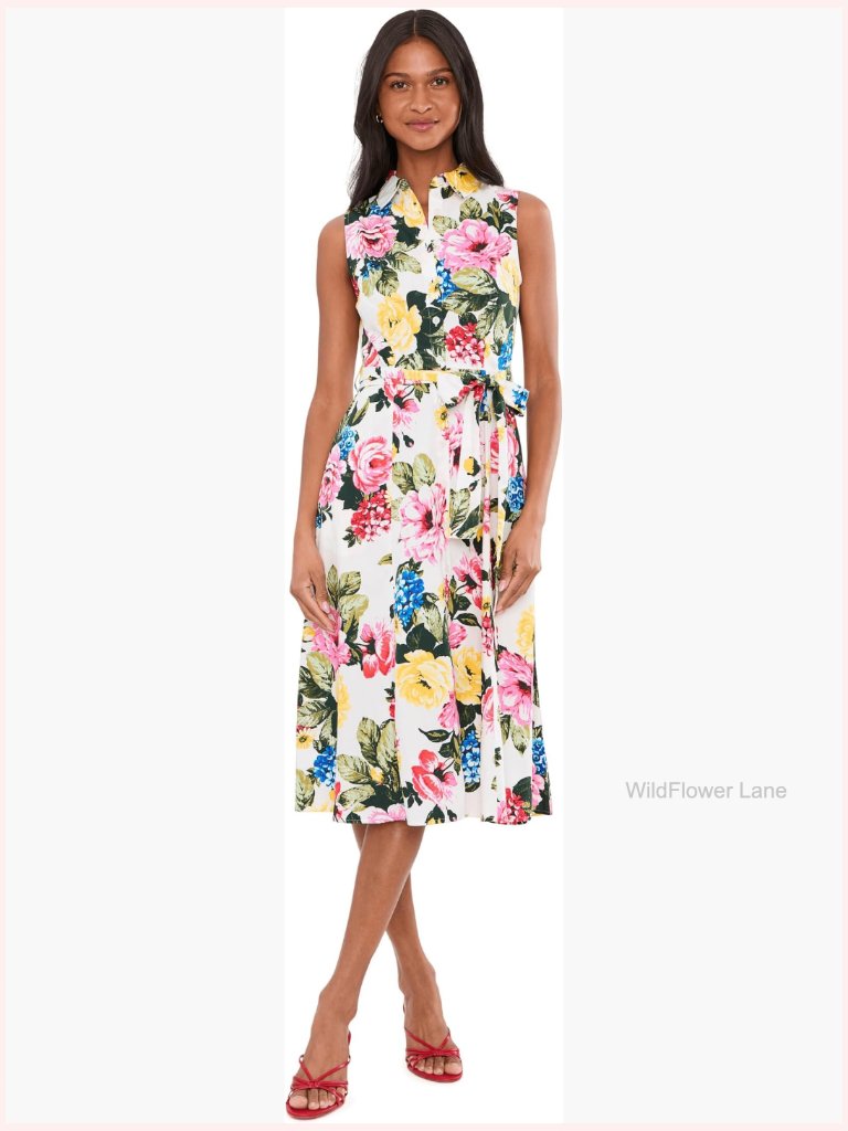 Sleeveless Collared Neck Floral Cotton Midi Dress With Self-Tie Belt